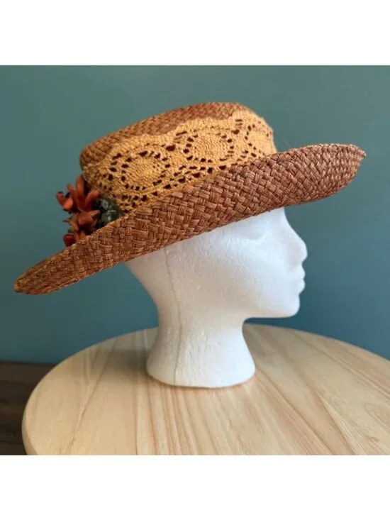 Vintage 1990s Womens Woven Straw Hat W/ Crochet Band & Faux Sunflower 22.5" or L - Picture 7 of 10
